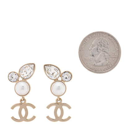 Chanel Pearl Crystal CC Drop Earrings Gold