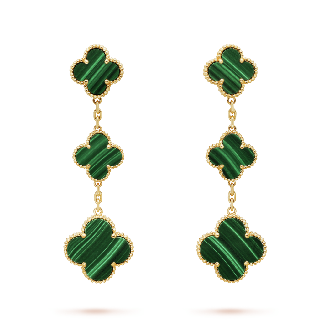 18K Yellow Gold Malachite VCA Magic Alhambra Earrings 3 Motifs