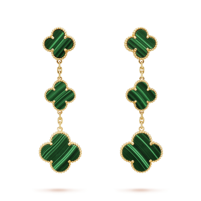18K Yellow Gold Malachite VCA Magic Alhambra Earrings 3 Motifs