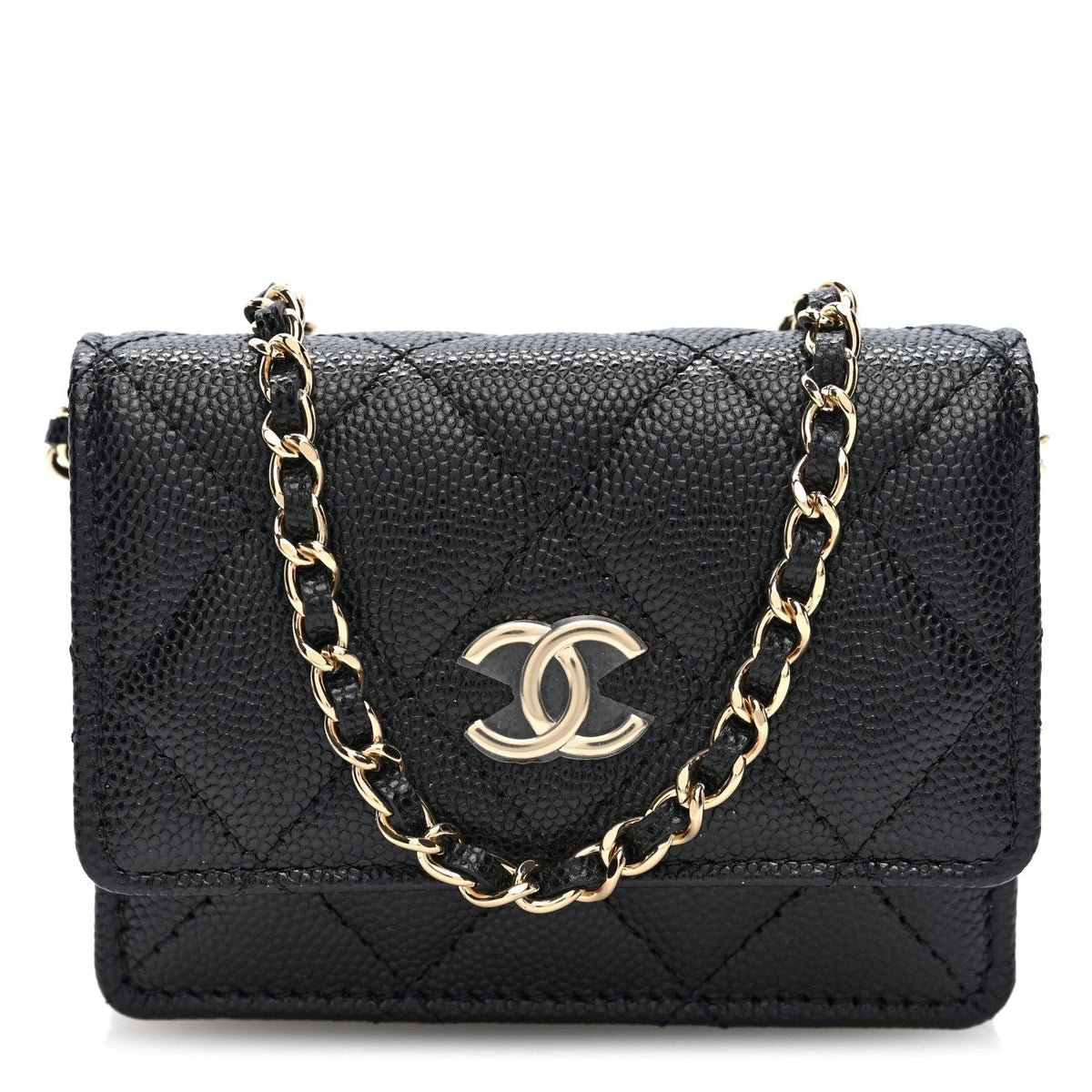 Chanel Caviar Quilted CC Stars Card Holder On Chain Black