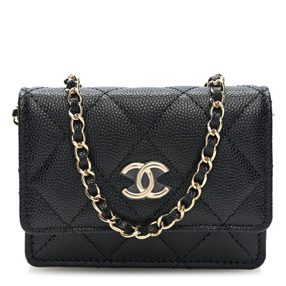 Chanel Caviar Quilted CC Stars Card Holder On Chain Black