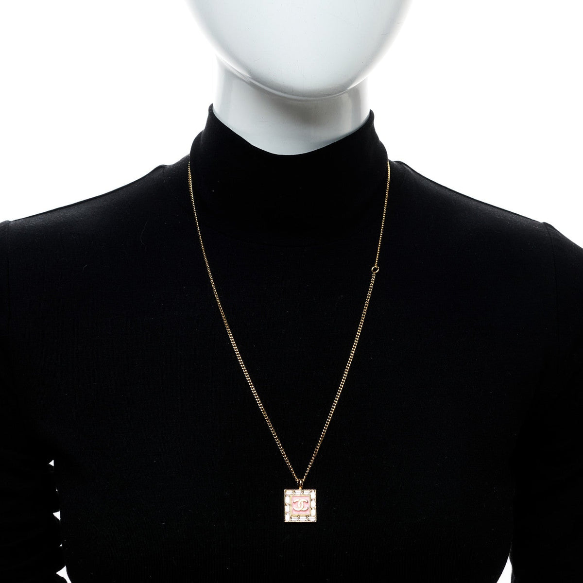 Chanel Crystal Baguette CC Pendant Necklace Pink Gold