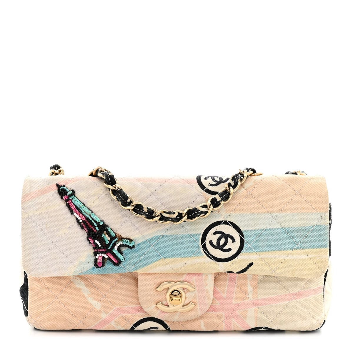 Chanel Canvas Small Printed Eiffel Tower Flap Bag Beige Multicolor