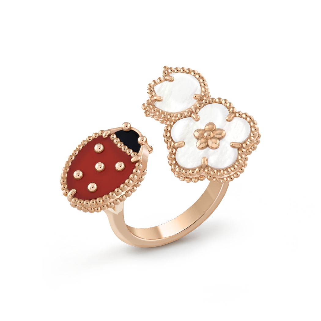 18K Rose Gold Mother of Pearl Carnelian Onyx VCA Lucky Spring Between the Finger Ring