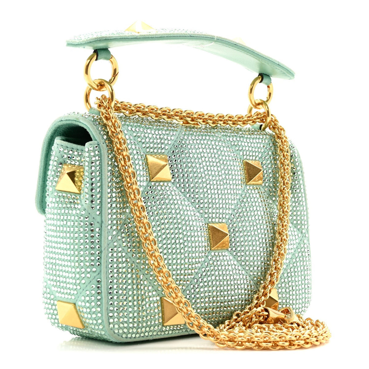 Valentino Garavani Crystal Suede Small Roman Stud Shoulder Bag Green