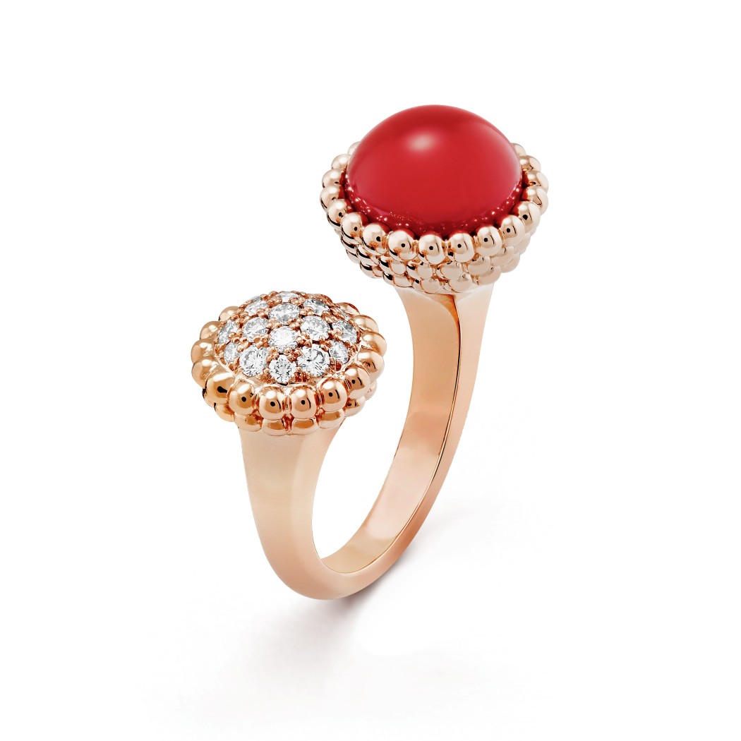 18K Rose Gold Diamond Carnelian VCA Perlée Couleurs Between the Finger Ring