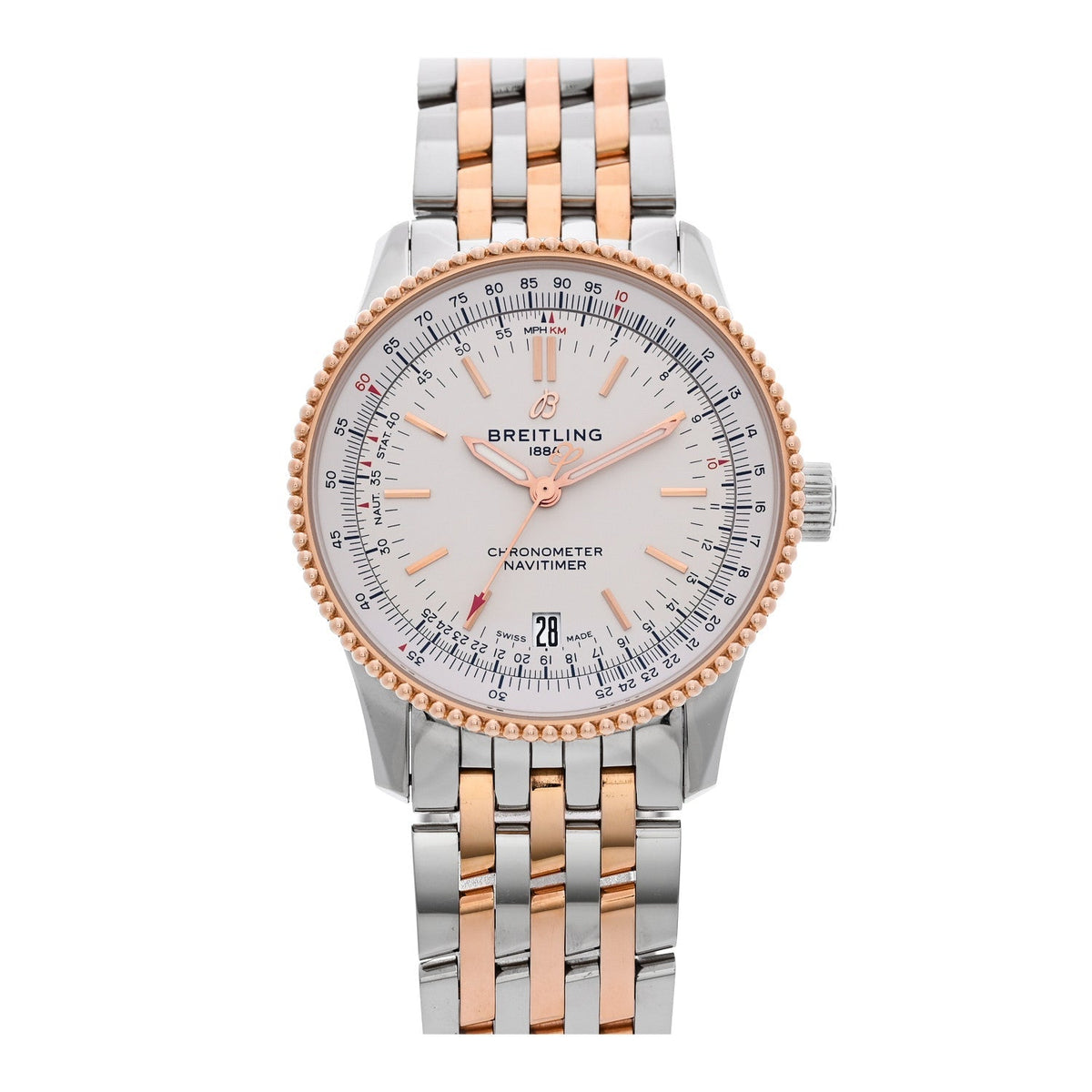 Breitling Stainless Steel 18K Rose Gold 38mm Navitimer Watch Silver U17325