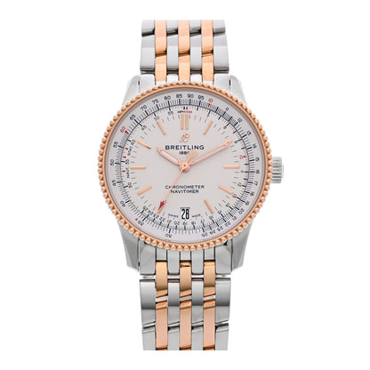 Breitling Stainless Steel 18K Rose Gold 38mm Navitimer Watch Silver U17325