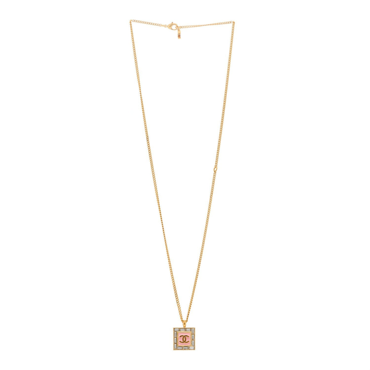 Chanel Crystal Baguette CC Pendant Necklace Pink Gold
