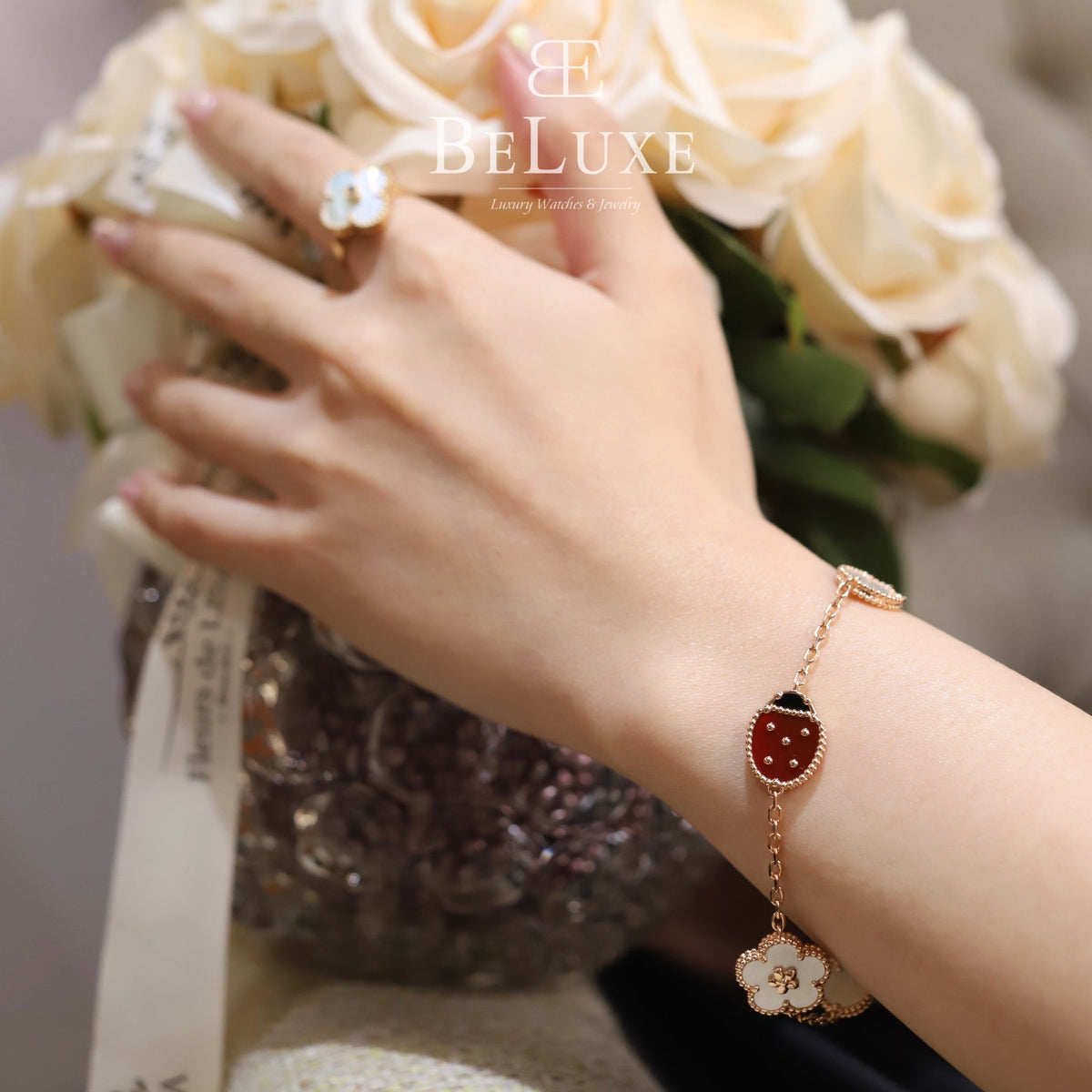 18K Rose Gold MOP Carnelian Onyx VCA Lucky Spring Bracelet 5 Motifs