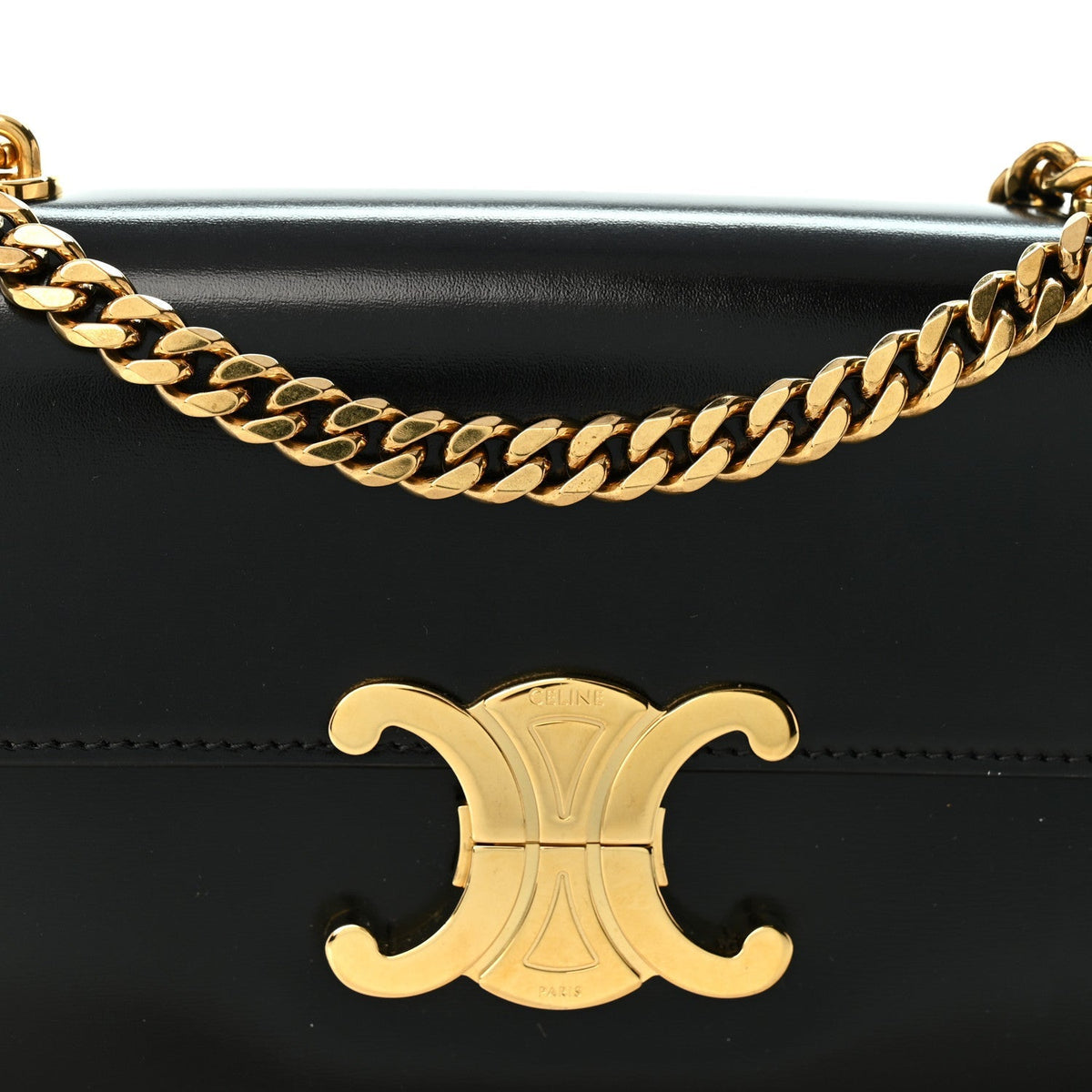 Celine Shiny Calfskin Triomphe Chain Shoulder Bag Black 1986036