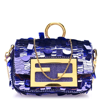 Fendi Sequin Paillettes Shiny Nappa Sex and the City Nano Maxi Buckle Baguette Charm Viola Purple