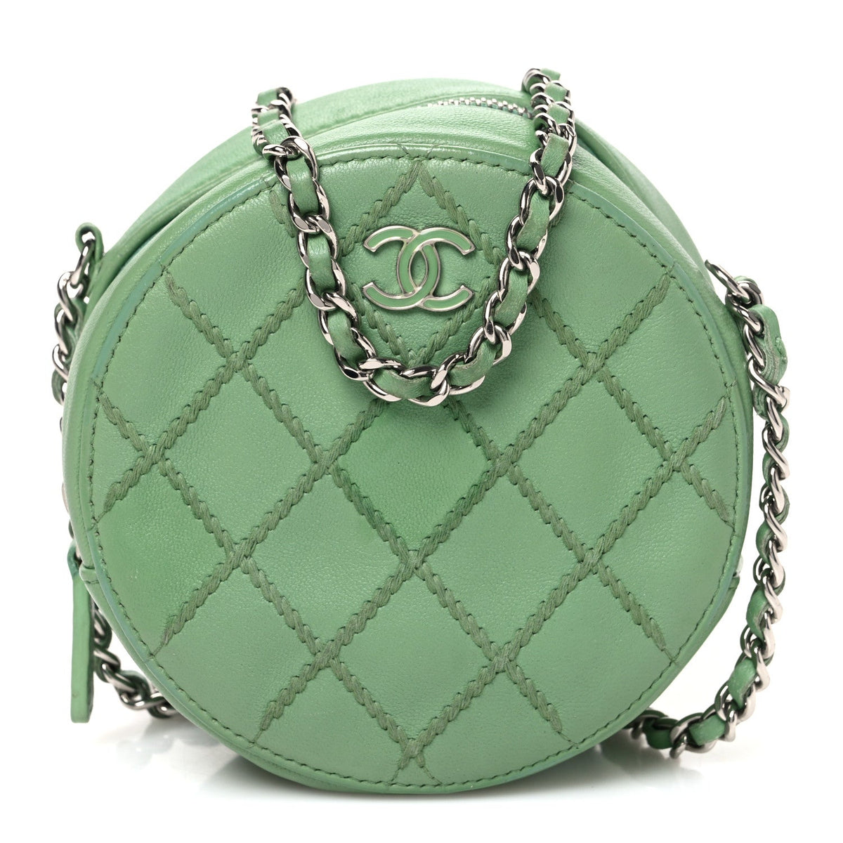 Chanel Lambskin Stitch Round Clutch With Chain Green