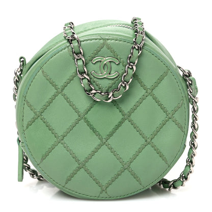 Chanel Lambskin Stitch Round Clutch With Chain Green