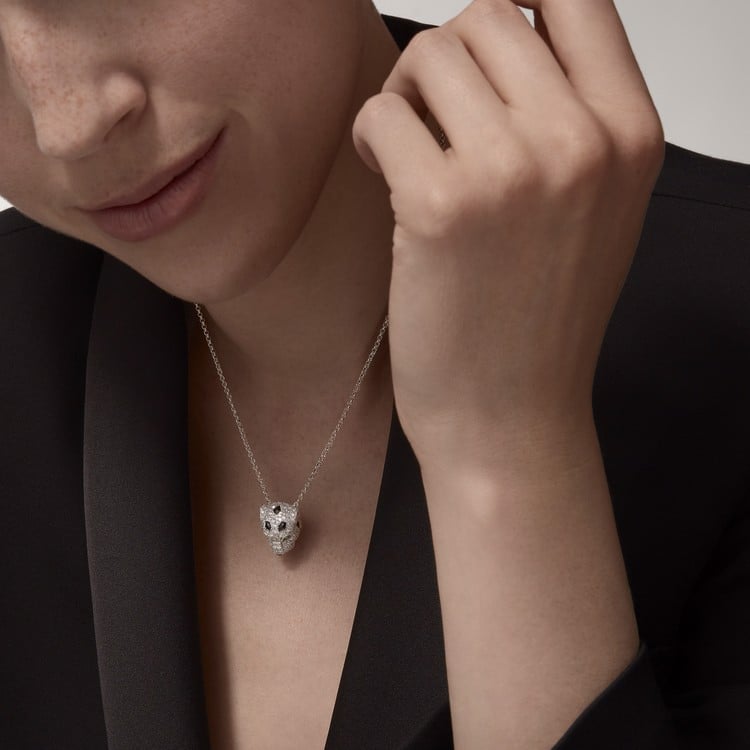 Cartier 18K White Gold Diamond Onyx Ruby Panthère De Cartier Necklace