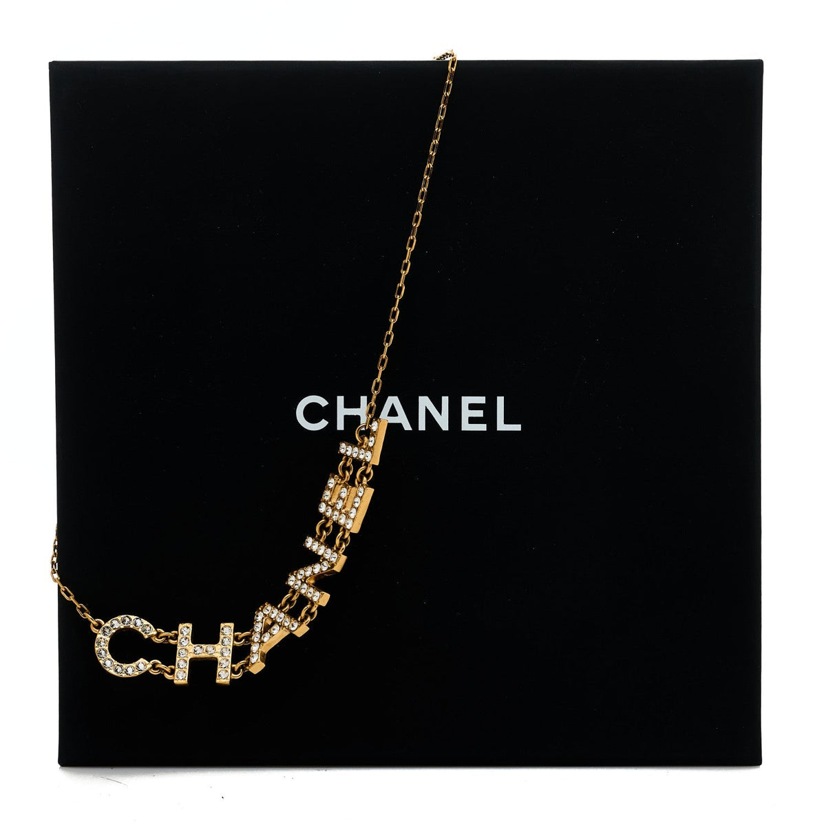 Chanel Metal Crystal 90's Icon Logo Necklace Gold