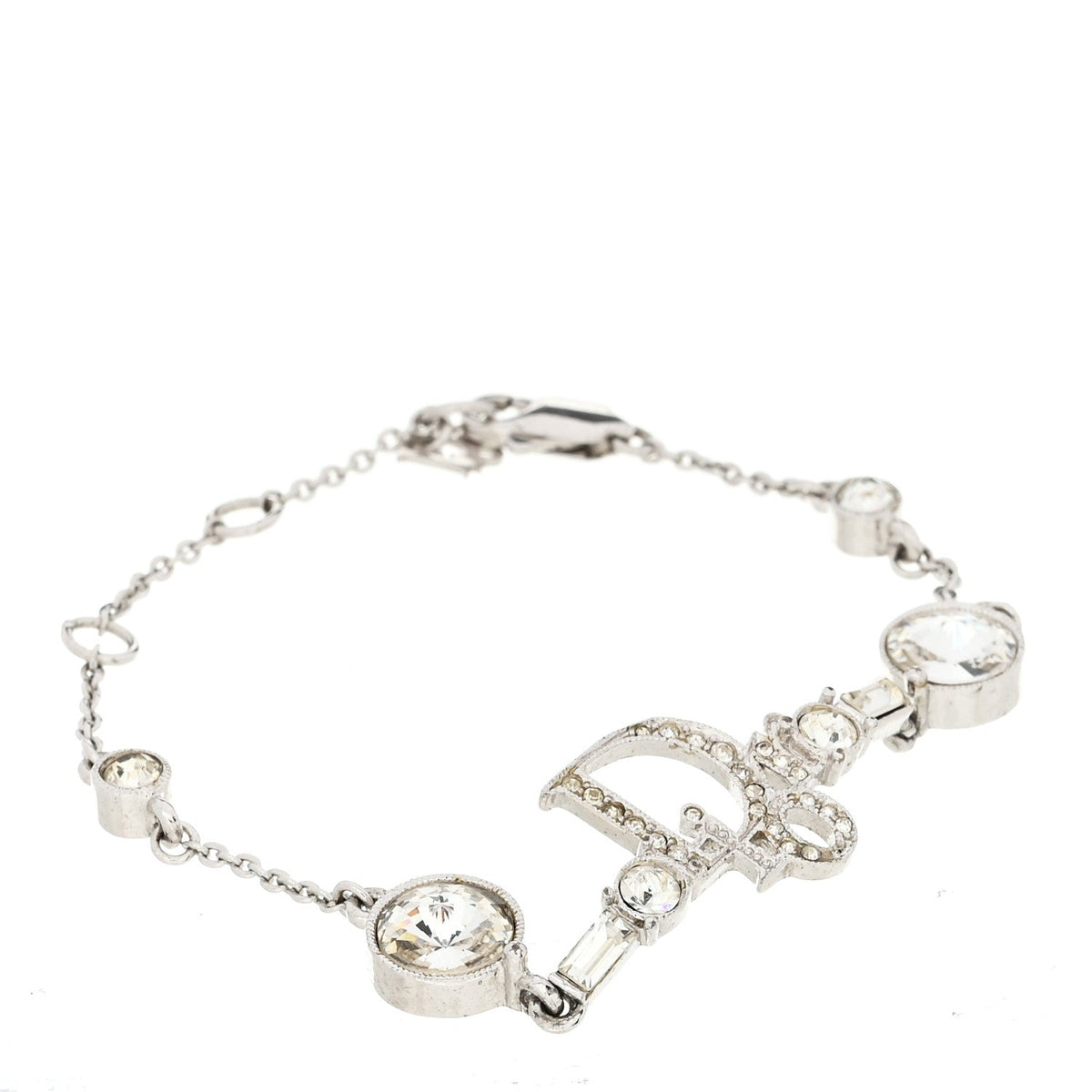 Christian Dior Metal Crystal Logo Bracelet Silver
