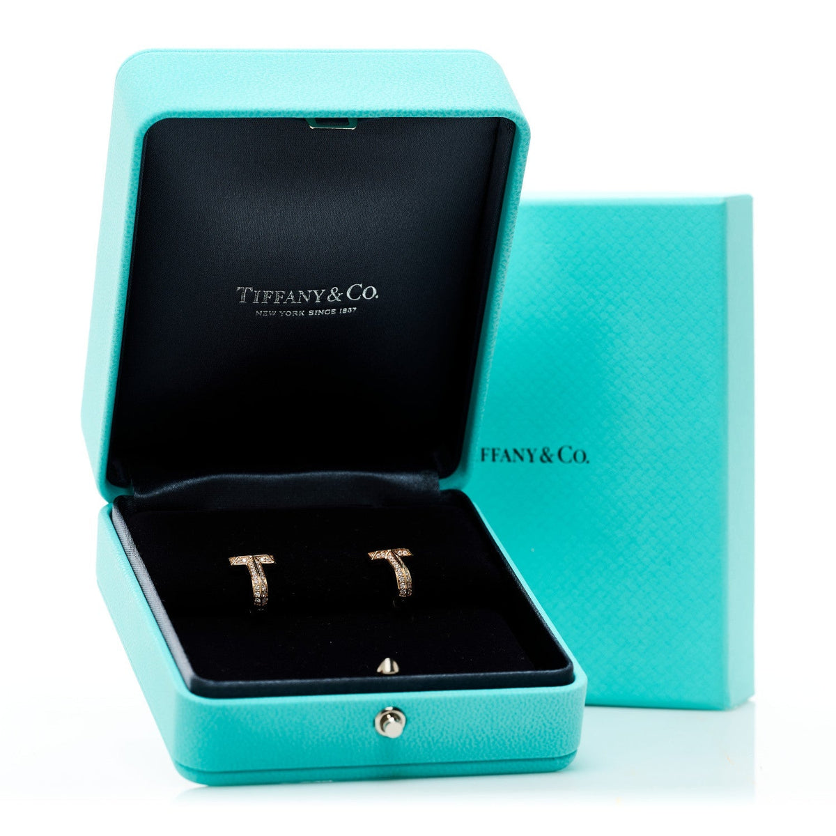 Tiffany 18K Rose Gold Diamond T1 Half Pave Huggie Earrings