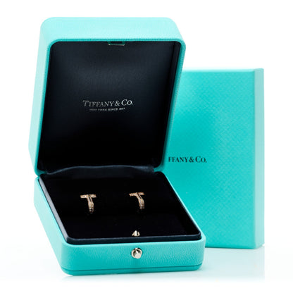 Tiffany 18K Rose Gold Diamond T1 Half Pave Huggie Earrings