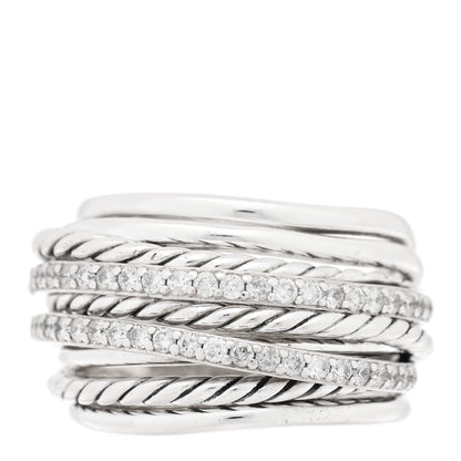David Yurman Sterling Silver Diamond 18mm Wide Crossover Ring 54 7
