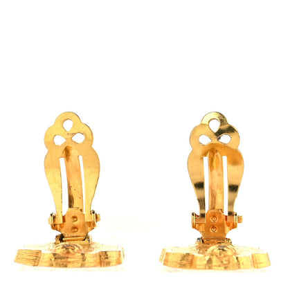 Chanel Metal Crystal Clover Clip On Earrings Gold