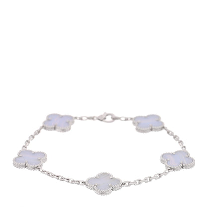 Van Cleef & Arpels 18K White Gold Chalcedony 5 Motifs Vintage Alhambra Bracelet