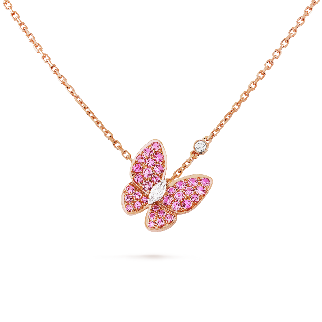 18K Rose Gold Diamond Sapphire VCA Two Butterfly Pendant