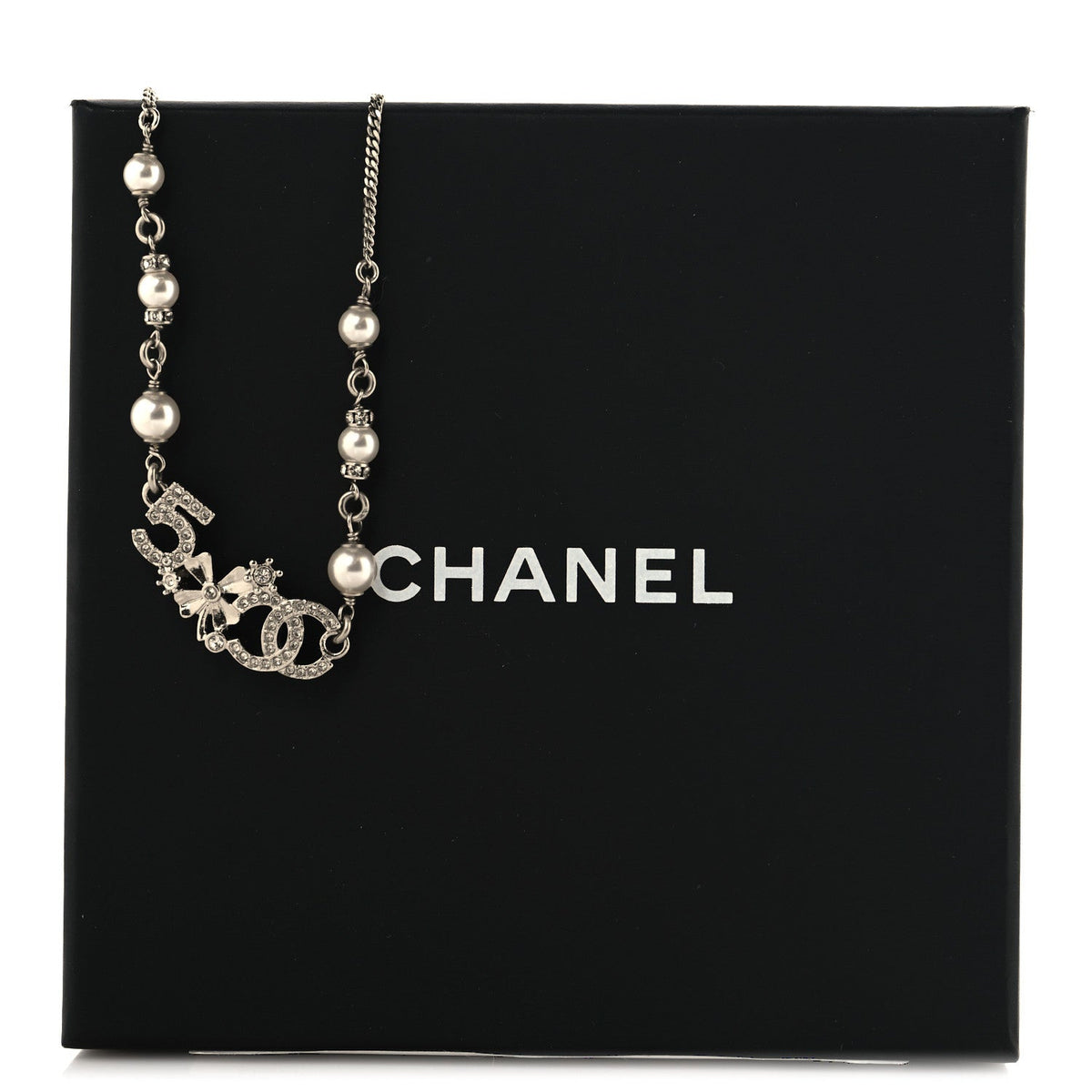 Chanel Crystal Pearl Star 5 CC Necklace Silver White