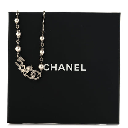 Chanel Crystal Pearl Star 5 CC Necklace Silver White