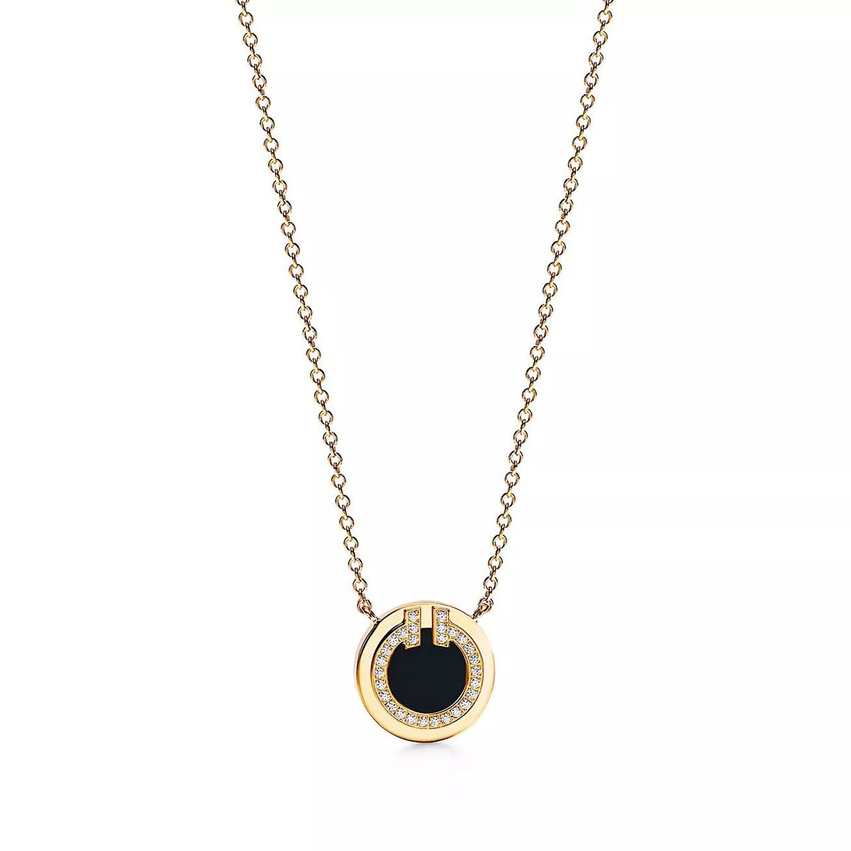 18K Gold Diamond Onyx Tiffany T Pendant