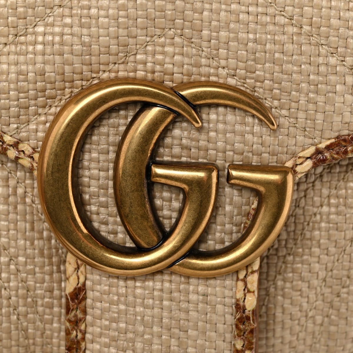 Gucci Raffia Elaphe Matelasse Small GG Marmont Shoulder Bag Natural Cream Brown