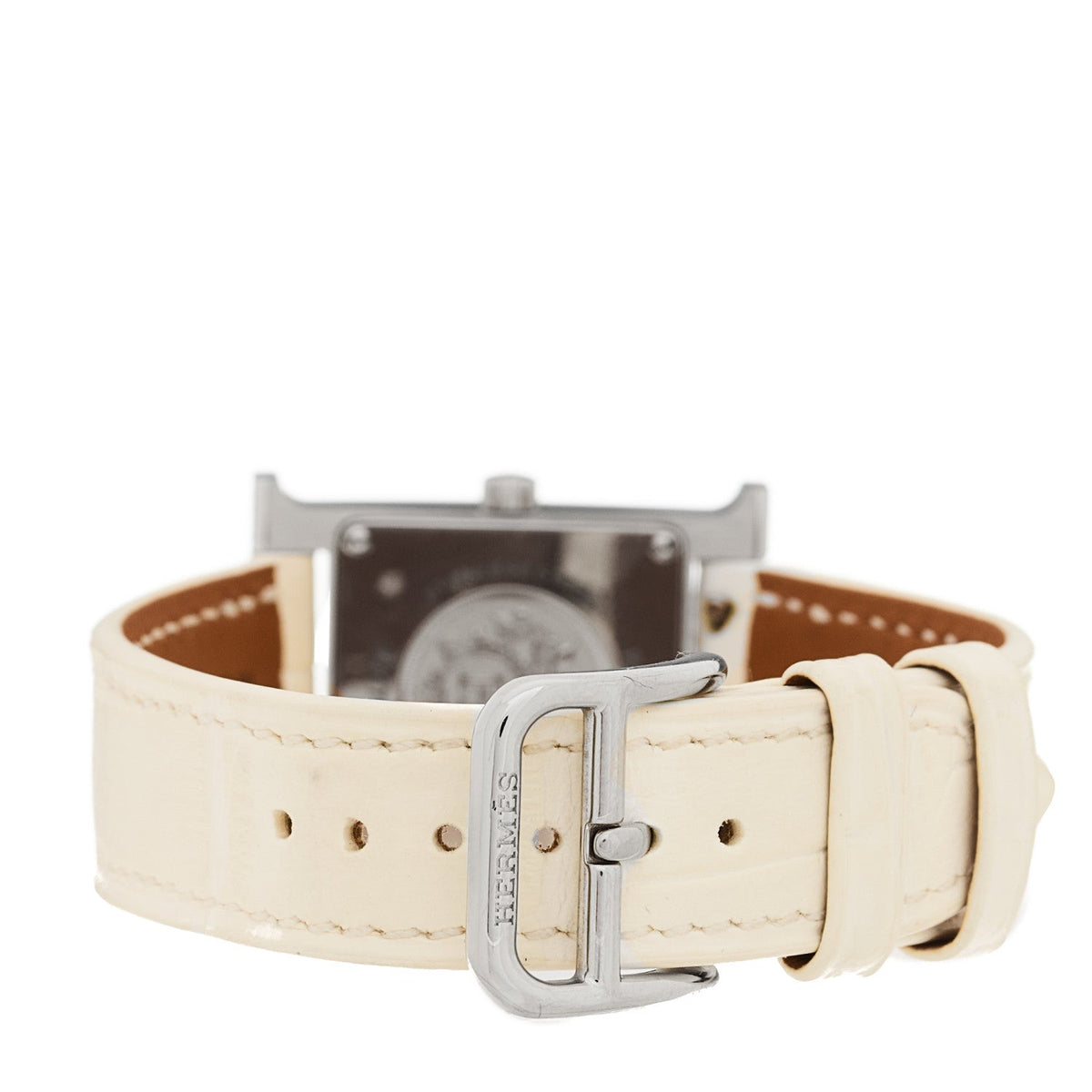 Hermes Stainless Steel Alligator Diamond 21mm Heure H Watch Blanc