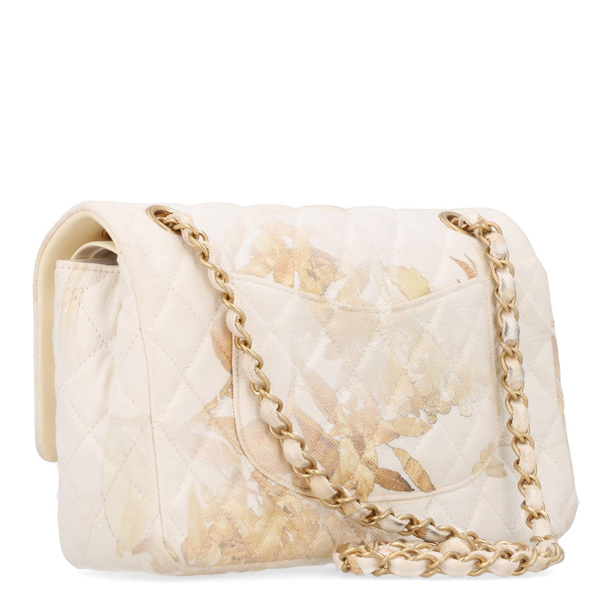 Chanel Denim Floral Printed Medium Double Flap Bag Beige