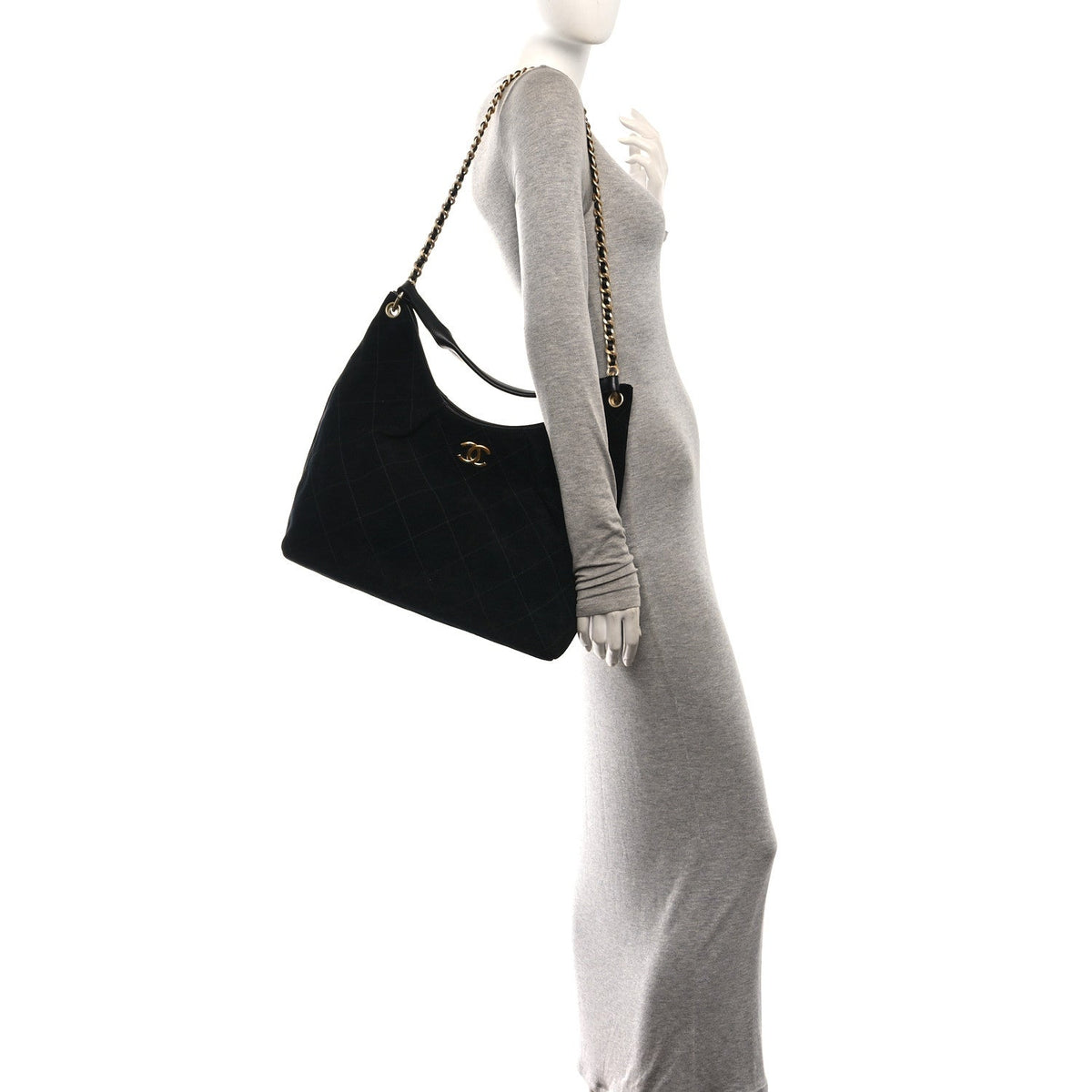 Chanel Suede Calfskin Lambskin Quilted Maxi Hobo Black