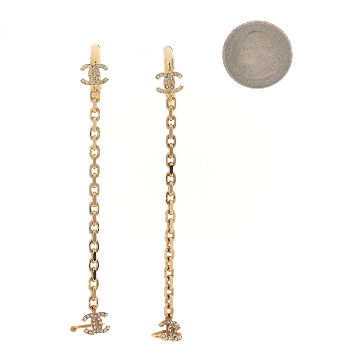 Chanel Crystal Chain CC Climber Earrings Gold