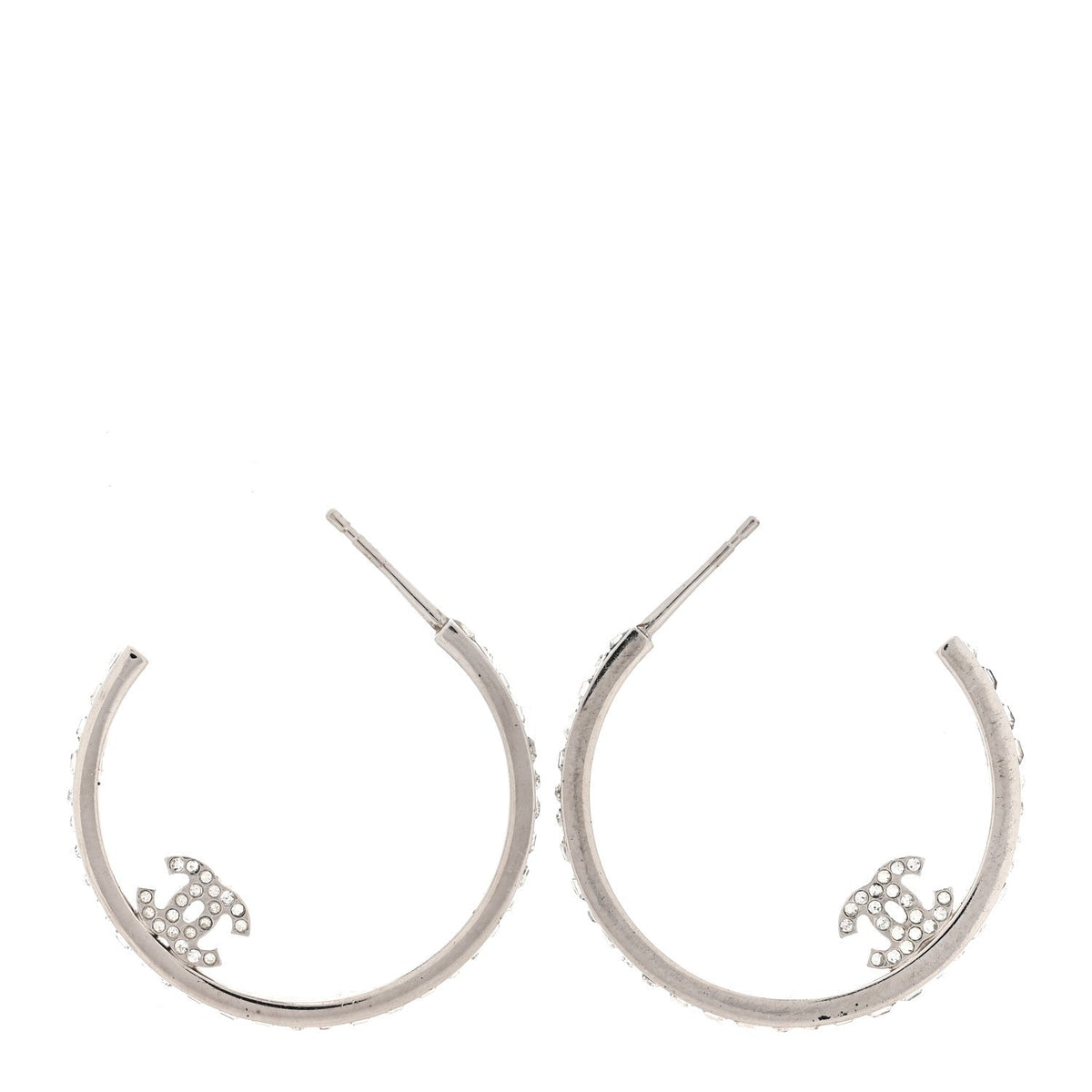 Chanel Metal Crystal Baguette CC Large Hoop Earrings Silver