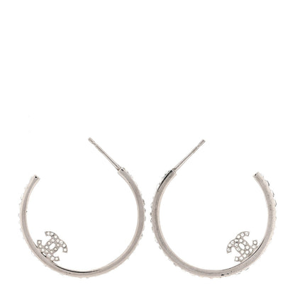 Chanel Metal Crystal Baguette CC Large Hoop Earrings Silver