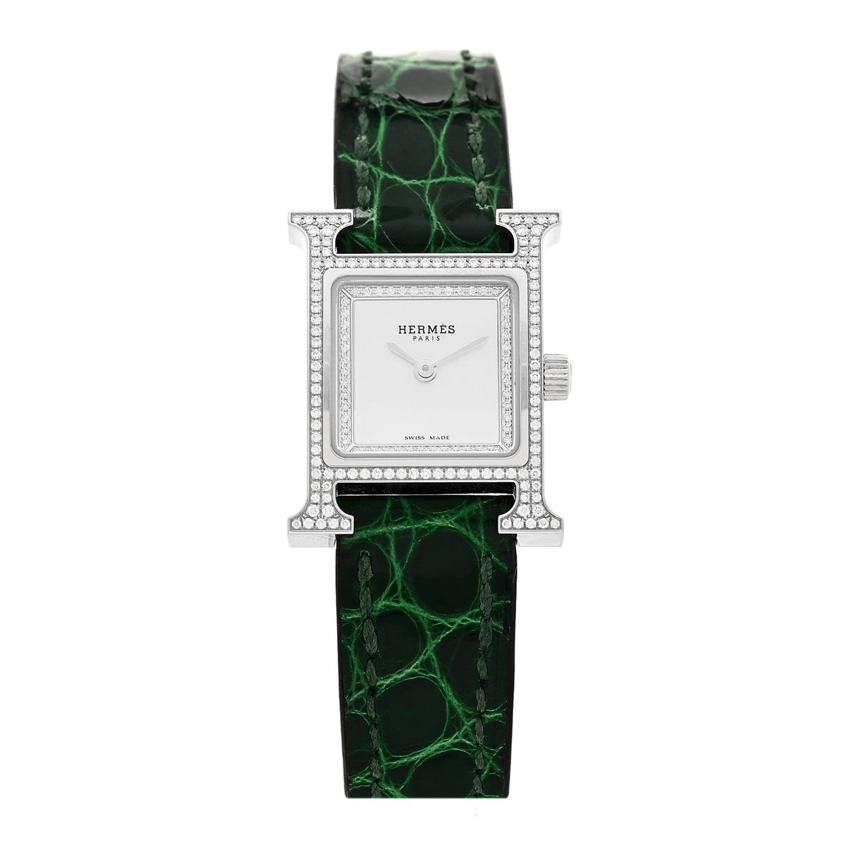Hermes Stainless Steel Alligator Diamond 17.2mm Heure H Watch Vert Moyen