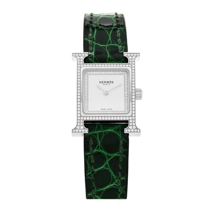 Hermes Stainless Steel Alligator Diamond 17.2mm Heure H Watch Vert Moyen