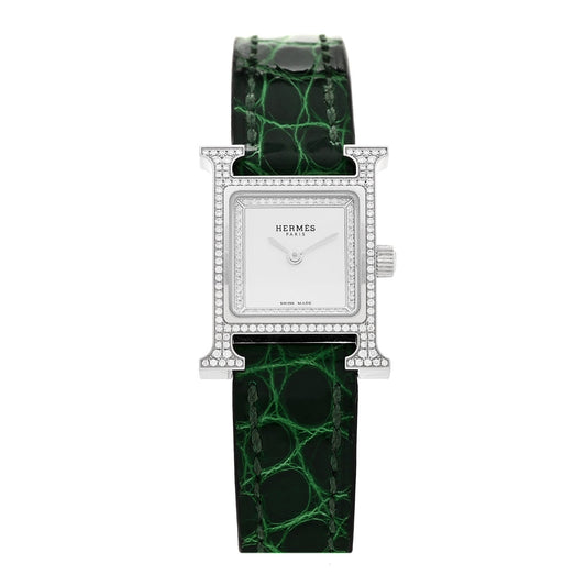 Hermes Stainless Steel Alligator Diamond 17.2mm Heure H Watch Vert Moyen