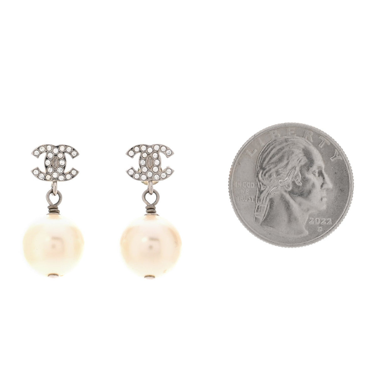 Chanel Crystal Pearl CC Drop Earrings Silver Pearly White