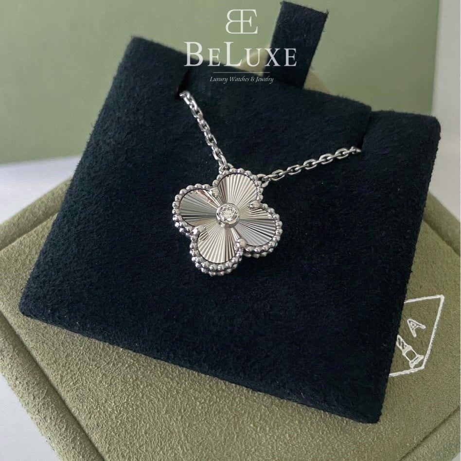 VCA 18K White Gold Diamond Guilloché Holiday Pendant Necklace