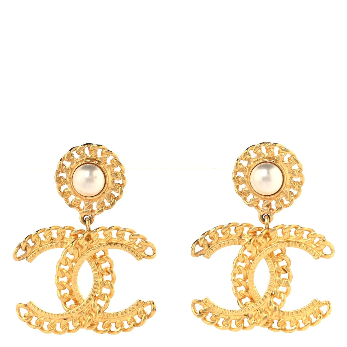 Chanel Metal Pearl CC Chain Drop Earrings Gold