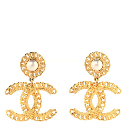 Chanel Metal Pearl CC Chain Drop Earrings Gold