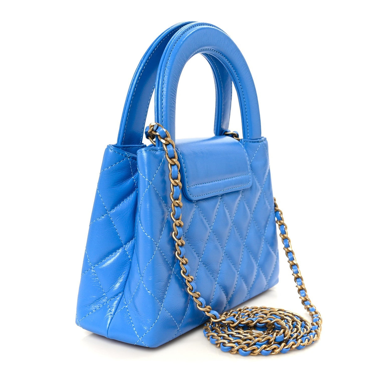 Chanel Shiny Aged Calfskin Quilted Nano Kelly Shopper Blue