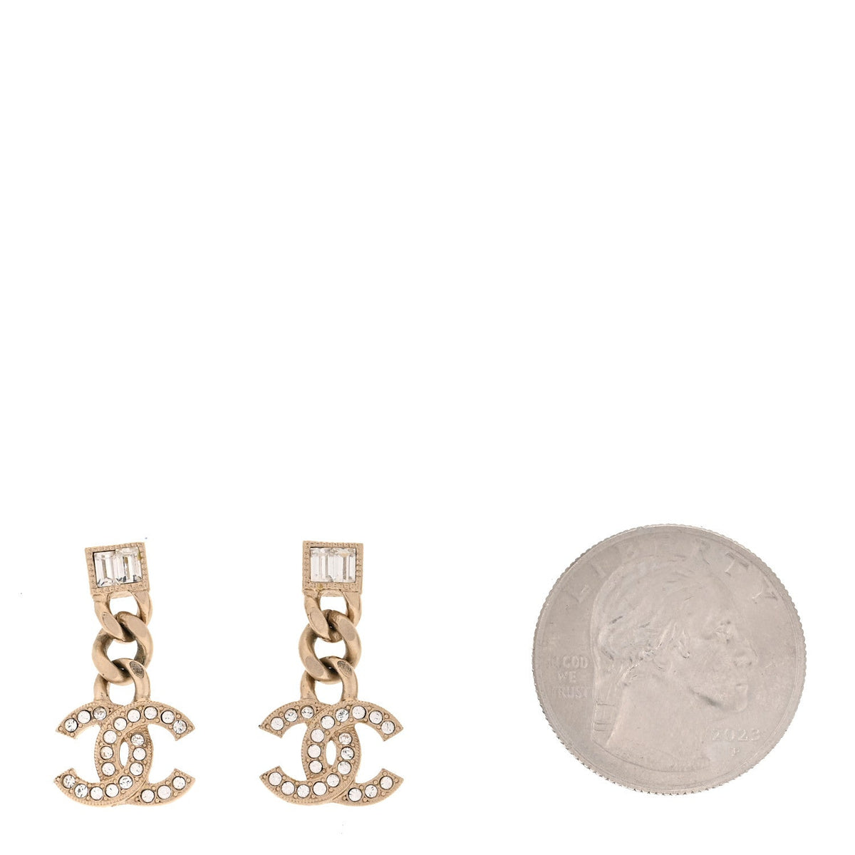 Chanel Metal Crystal Baguette CC Chain Drop Earrings Gold