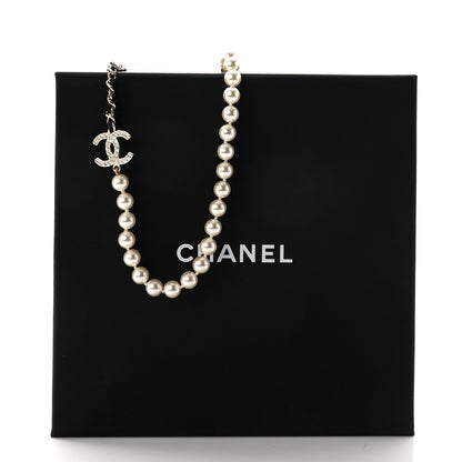 Chanel Lambskin Pearl Crystal CC Short Necklace Gold White Black