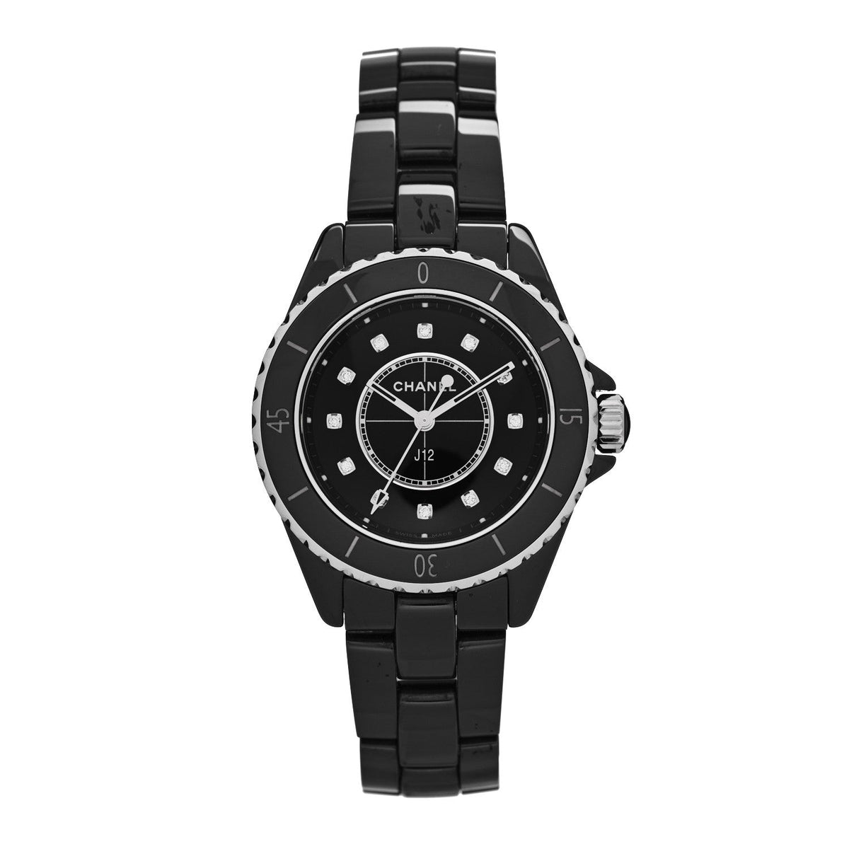 Chanel Stainless Steel Ceramic Diamond 33mm J12 Quartz Watch Black