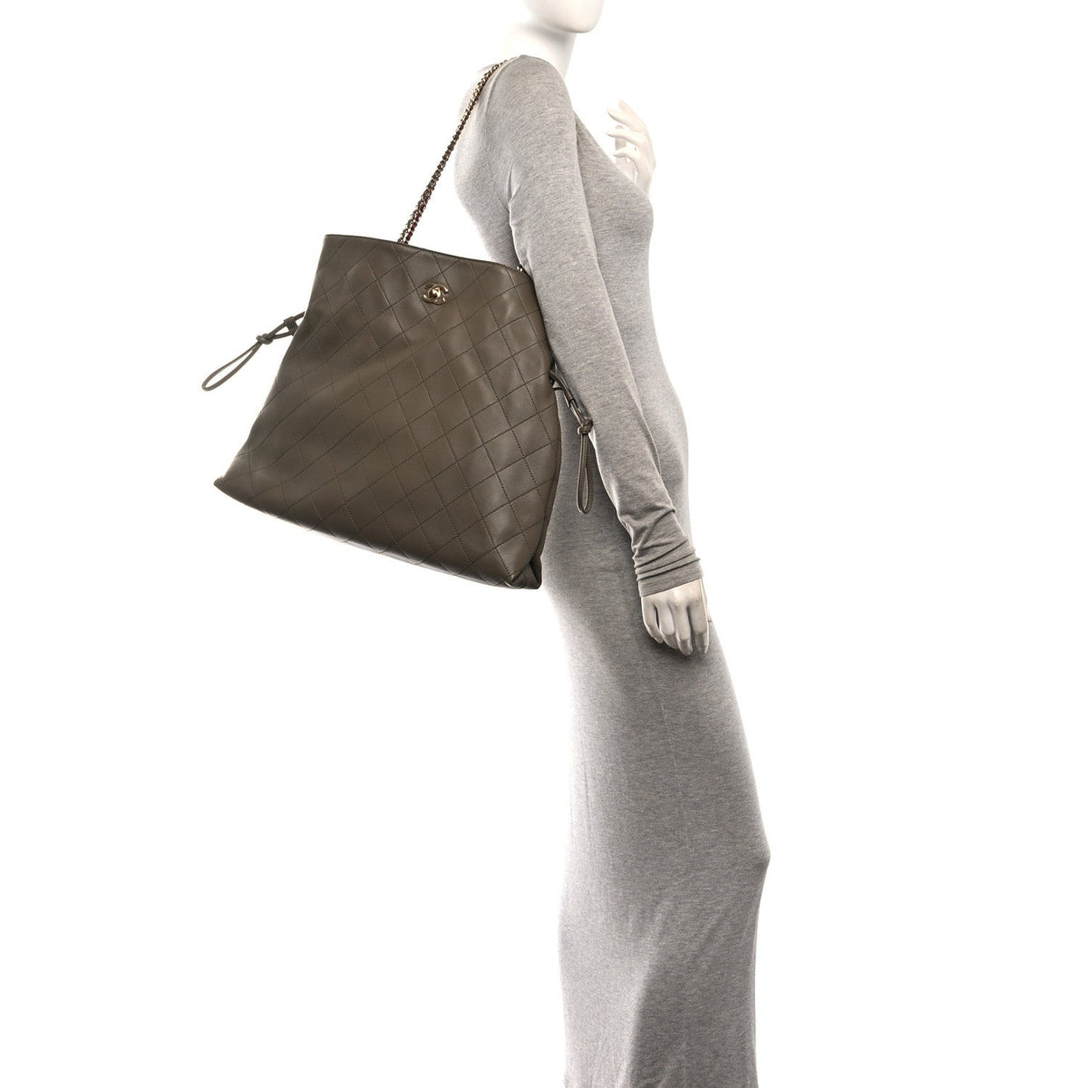 Chanel Lambskin Quilted Drawstring Shopping Bag Dark Khaki