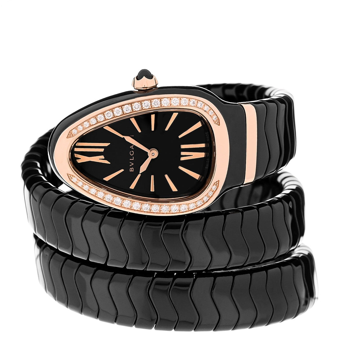 Bulgari 18K Rose Gold Ceramic Diamond 35mm Serpenti Watch Black